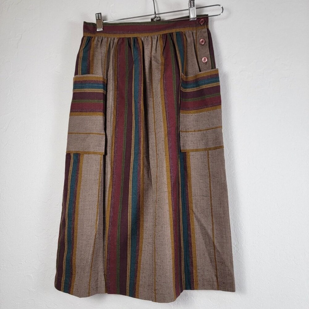 Vintage ILGWU Union Made USA Midi Skirt Boho Pockets Multicolor Stripes Buttons